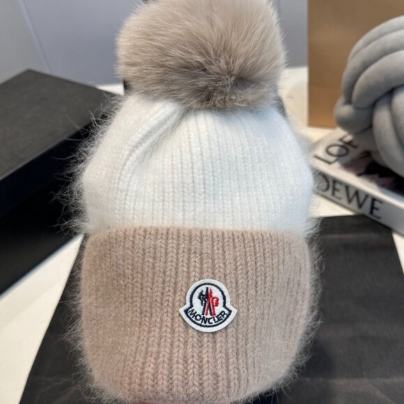 Moncler Accessories - Beige & White – Rabbit Hair Blend Two-Tone Knit Beanie with Fur Pom